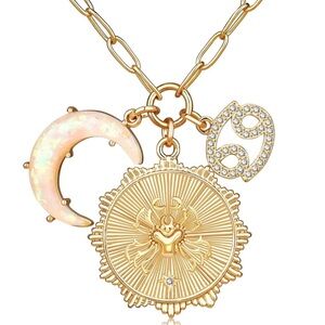 Cancer zodiac charm necklace in gold with opal crescent moon, blinged cancer